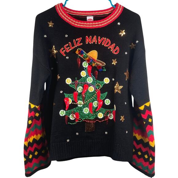 Holiday Time Ugly Christmas Sweater Women's S (4-6) Black Feliz Navidad Tacos - Picture 1 of 8